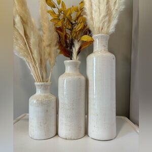 3 Piece Ceramic Vase Set (Pampas Grass Decor & Artificial Leaves Included)